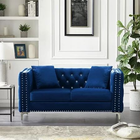 Velvet Upholstered Loveseat Sofa 59.4 Wide Blue Velvet Sofa with Jeweled Buttons Square Arm Two Pill | Walmart (US)