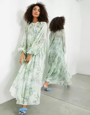 ASOS EDITION shirred front maxi dress in green floral print | ASOS (Global)
