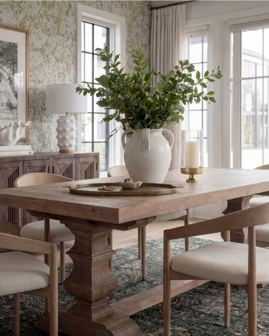 There’s something about a light filled, nature driven dining room that feels effortlessly welcoming the moment you step inside. This space blends soft pattern, warm wood, and organic lines in a way that feels both elevated and incredibly livable.

The pedestal dining table brings so much presence with its sculpted base and natural wood grain. I paired it with clean, curved dining chairs in a soft ivory upholstery to keep the look airy and balanced. On the sideboard, the deeper wood tone adds richness and grounds the entire room.

Styling is all about quiet impact here — a large ceramic vase filled with fresh greenery, a simple tray, and layered candles that keep the table looking intentional without taking away from the architecture around it. The twin lamps on the sideboard add symmetry and that perfect soft glow.

And that wallpaper — the muted green florals feel traditional in the best way, adding depth and texture without overwhelming the room. The dark, vintage inspired rug anchors the whole palette, pulling in those moody greens and creating contrast against the lighter woods.

✨ Shop the Look
Pedestal dining table
Curved wood dining chairs
Green floral wallpaper
Dark vintage inspired rug
Ceramic statement vase
Gold rim tray
Sideboard table lamps

#LTKhome #LTKsale #LTKstyletip