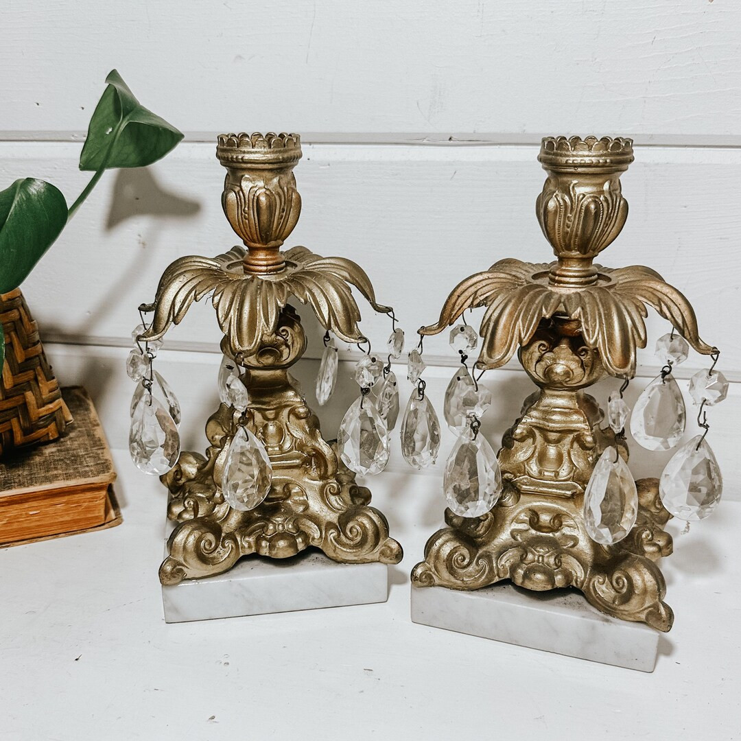 Vintage Italian Gold Candlestick Holders Marble Base Hollywood Regency Victorian - Etsy | Etsy (US)