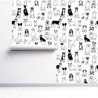 Dogs Wallpaper Black & White Peel-N-stick Removable Dog Doodle Wall Decor Animal Nursery Mural For B | Etsy (US)