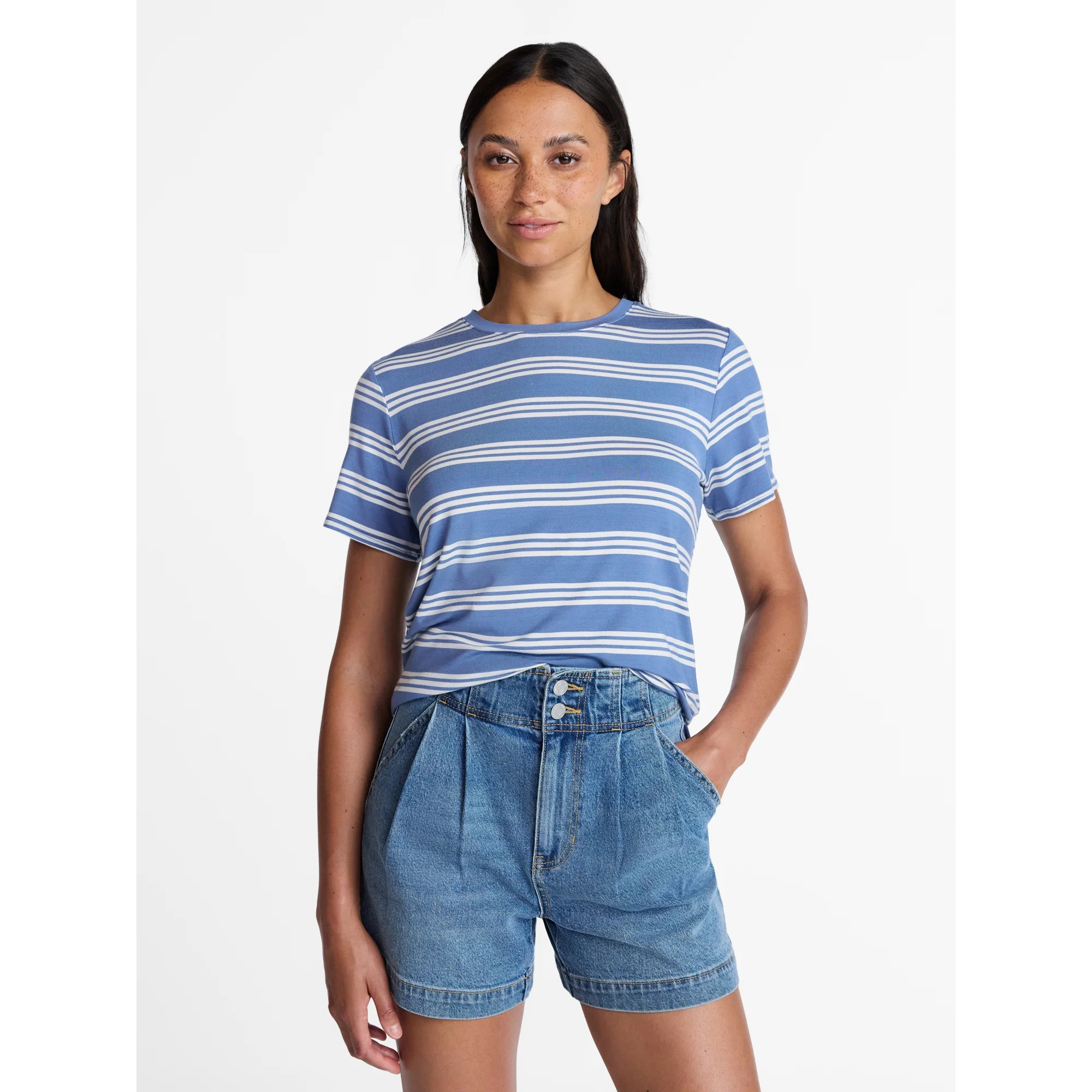 Time and Tru Women's Draped Boxy Tee with Short Sleeves, Sizes XS-XXXL | Walmart (US)