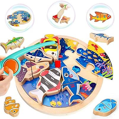 LUKAT Wooden Magnetic Fishing Game Toys for 2 3 4 Years Old Boys & Girls, 3 in 1 Learning Alphabe... | Amazon (US)