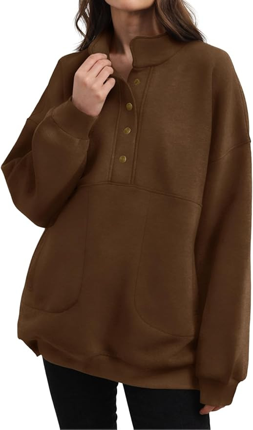 Fisoew Women's Oversized Sweatshirts Fleece Long Sleeve Half Button Casual Pullover Tops With Poc... | Amazon (US)