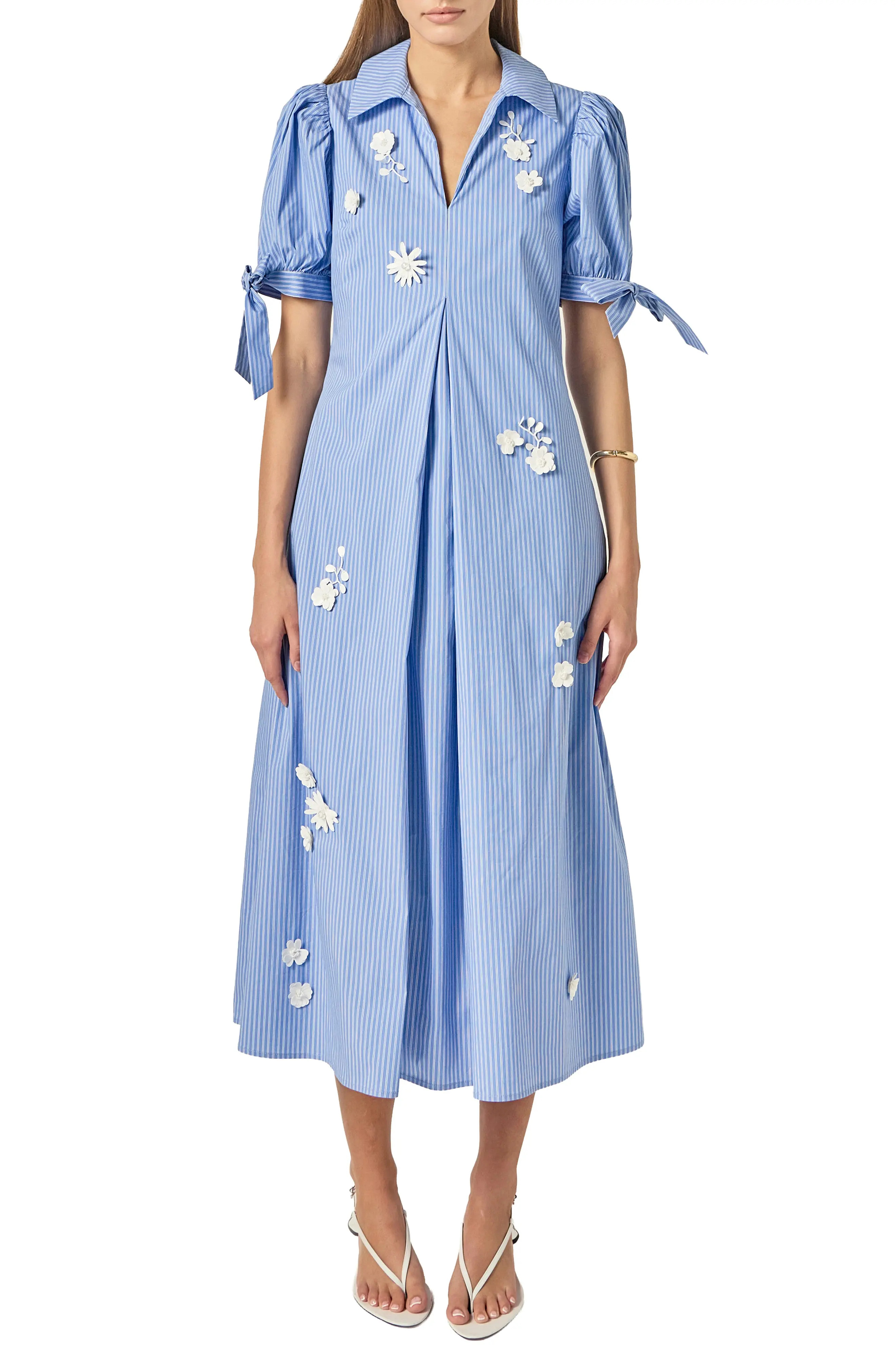 English Factory Flower Trim Striped Midi Dress (Women) | Nordstrom | Nordstrom