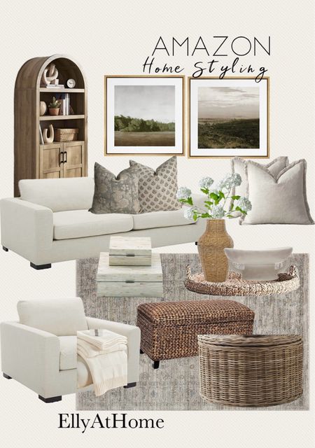 Amazon home summer  living room styling. Wood arch cabinet, Neutral sofa, side chair, rattan woven chest, tray, vases, throw pillows, throw blankets, framed artwork, vases, candle, summer florals, Home decor accessories, free shipping. 

#LTKHome #LTKFindsUnder50 #LTKSaleAlert