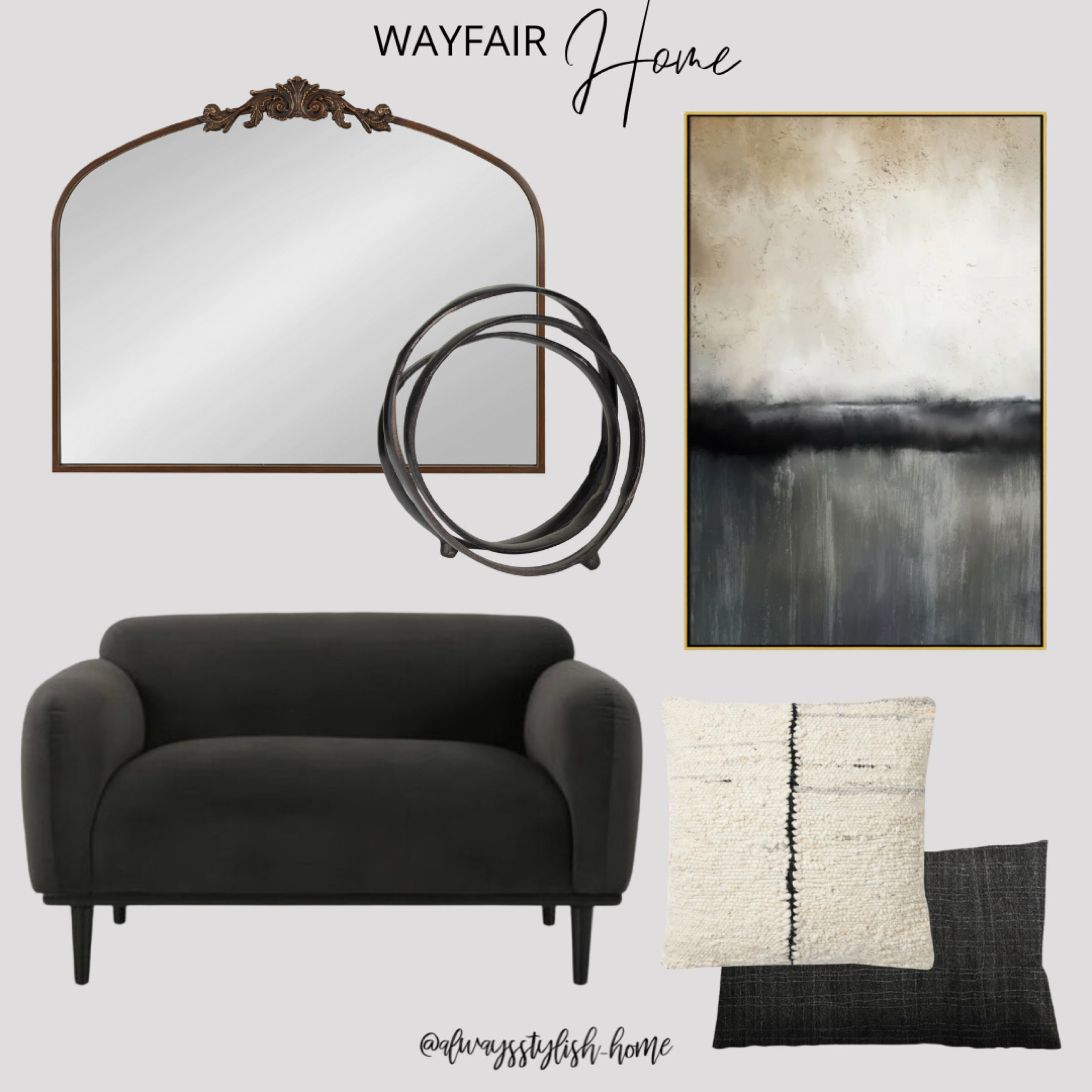 Home decor, modern wall art, black accent chair, baroque flower top arch mirror, round sculpture, accent throw pillows



#LTKhome