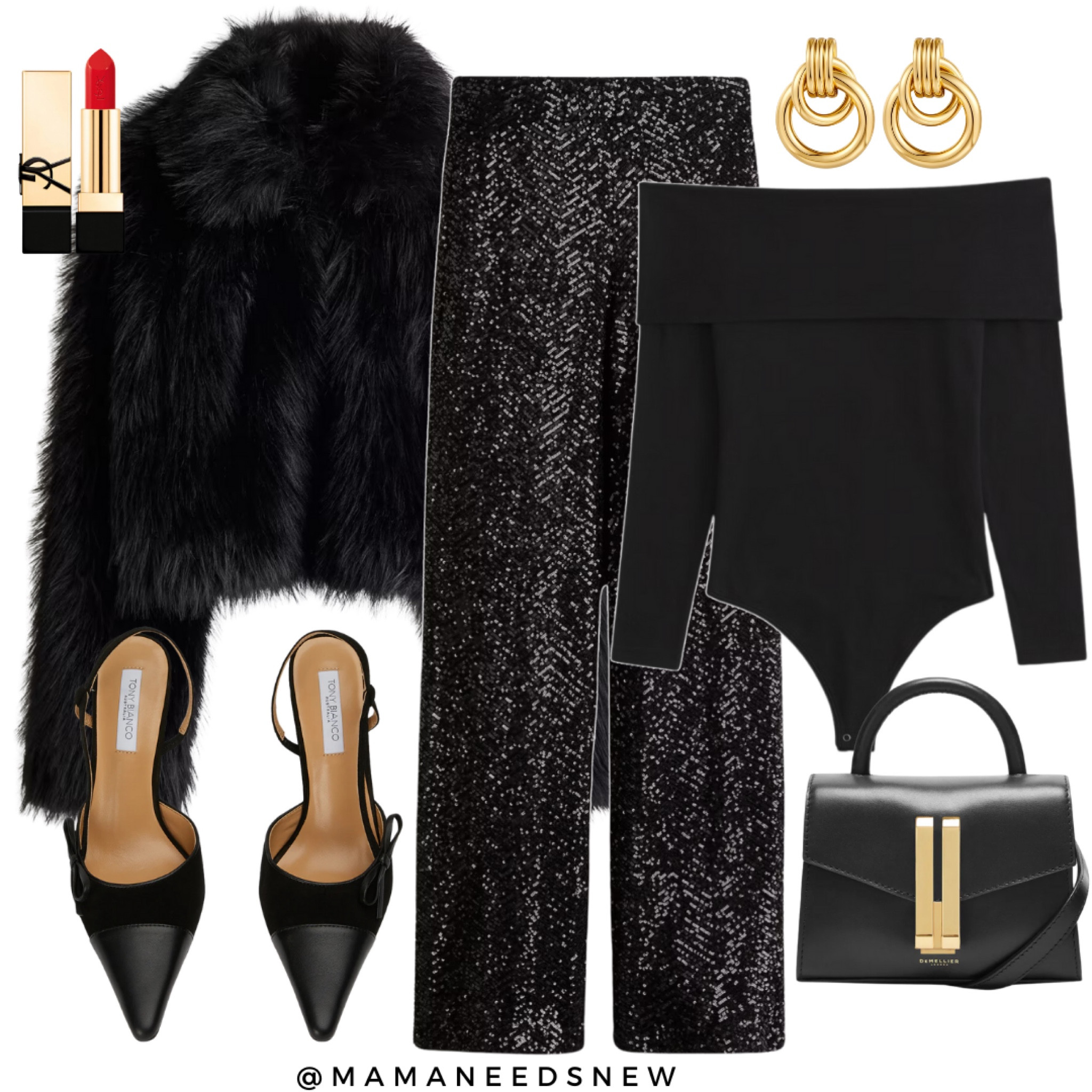 An all black holiday party outfit featuring a cropped fluffy jacket, sequin pants, off shoulder bodysuit, sling back pumps & a mini bag 🖤

#LTKSaleAlert #LTKParties #LTKHoliday