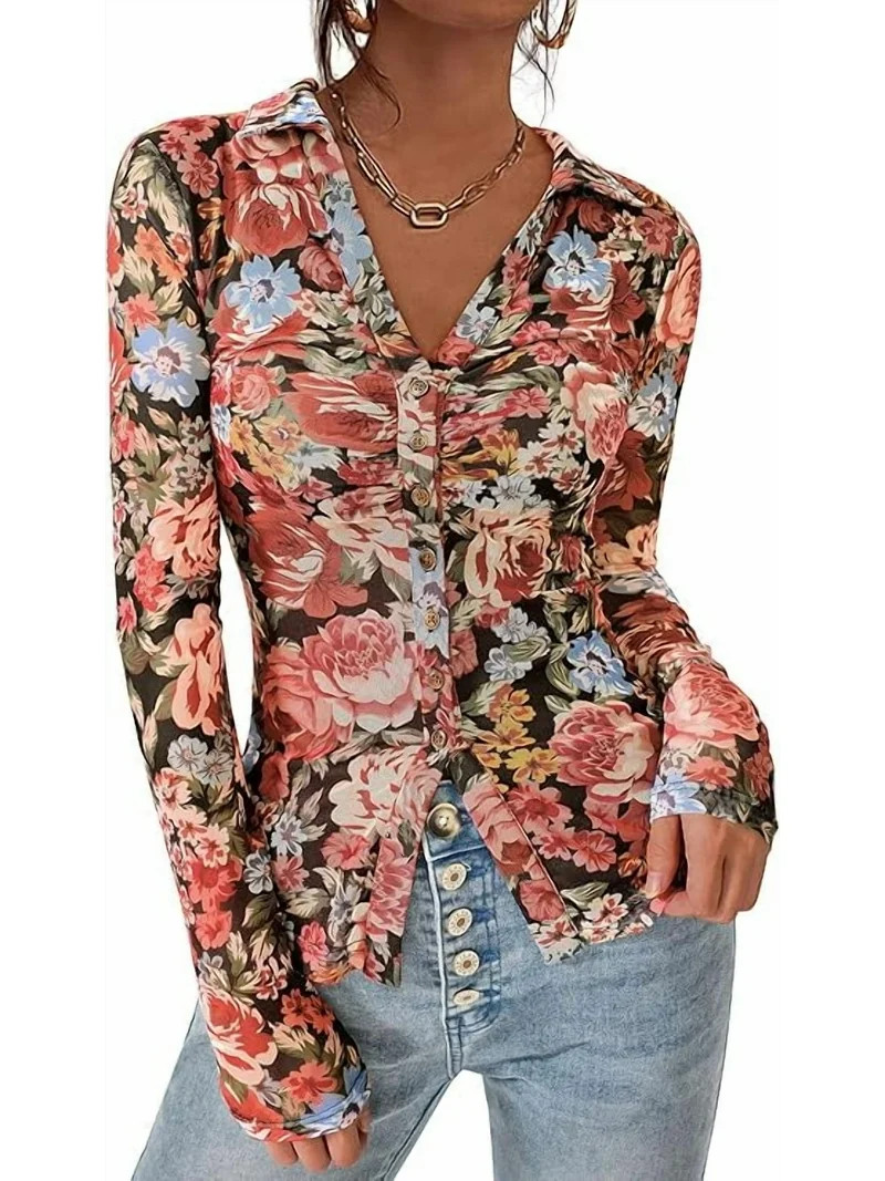 PRETTYGARDEN Women Button Down Floral Shirts Fall Trendy Long Sleeve V Neck Ruched Fitted Mesh Bl... | Walmart (US)
