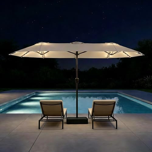 Large Patio Umbrella with Solar Lights and Base, Double-Sided Outdoor Rectangle Umbrella with 48 ... | Amazon (US)