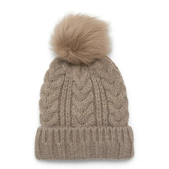 Time and Tru Women's Cable Pom Cuff Beanie, One Size Fits Most, Toasted Heather | Walmart (US)