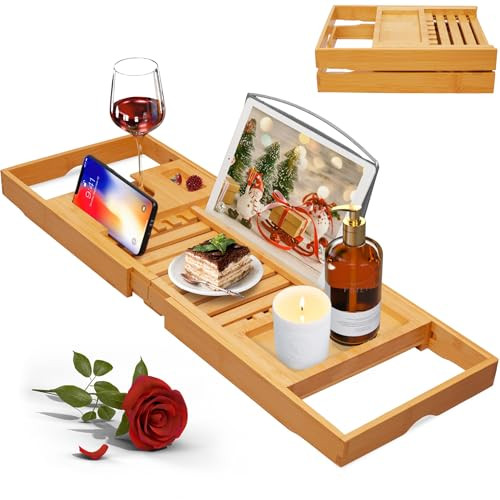 Artmalle Luxury Bathtub Caddy Tray for Tub - Foldable Bamboo Bath Table Tray with Book and Wine Glass Holder, Expandable Bathroom Accessories for Spa or Reading Lite Style | Amazon (US)