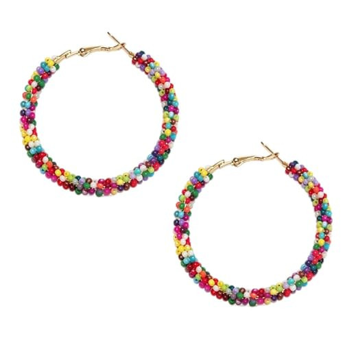 Zesyboom Handmade Multi-color Boho Rainbow Beaded Hoop Earrings for Women, Large Circle Huggie Hoops Colorful Tribal Drop Hoop Earrings Fashion Jewelry for Vacation Festival Daily Party Gift | Amazon (US)