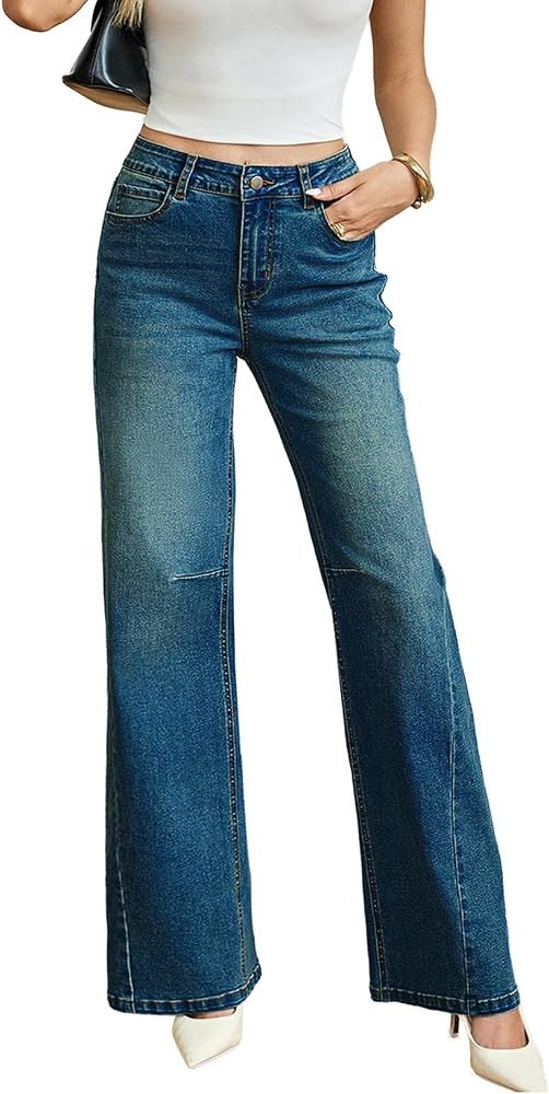 SHEWIN Women Heritage Denim Wide Leg Jeans High Waisted Stretchy Pants | Amazon (US)