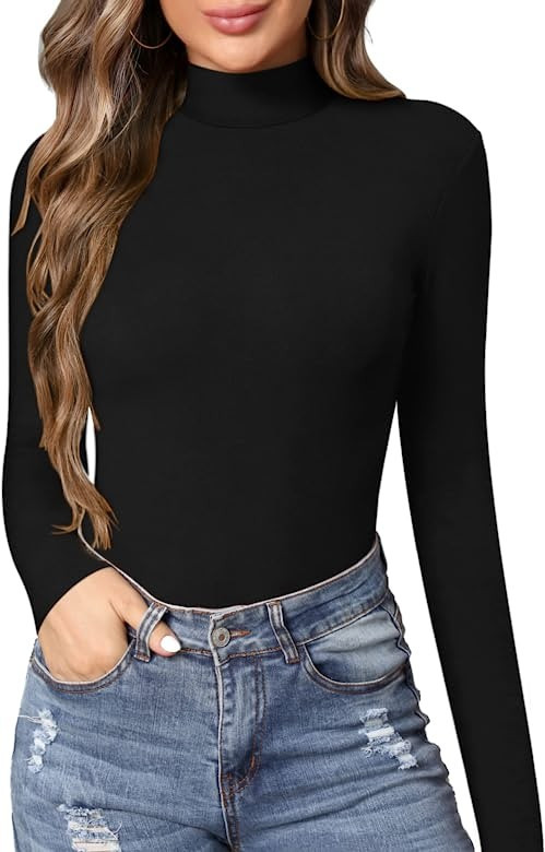 MANGOPOP Women's Mock Turtle Neck Slim Fit Long Sleeve T Shirts Tight Tops Tee | Amazon (US)