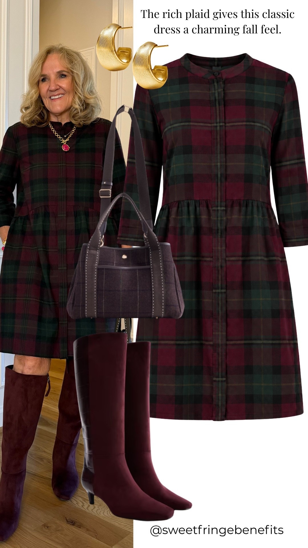 Oh, this plaid dress just feels like fall to me! I'm wearing a medium, and I think those tall burgundy boots make it even more fun.
