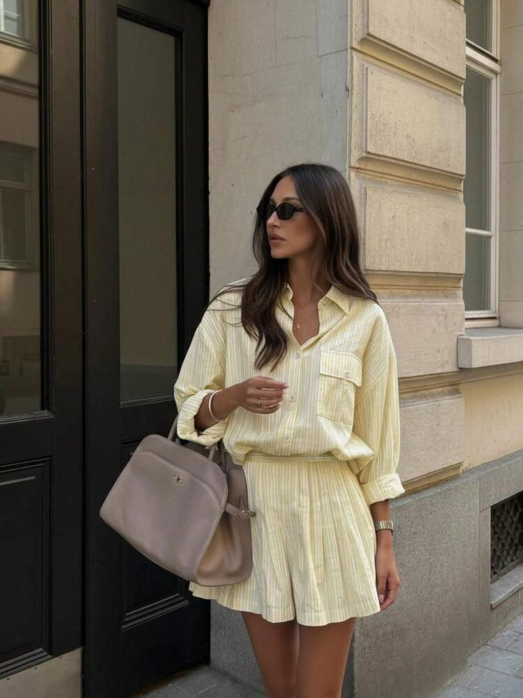 Butter yellow Marching set buttoned down shirt and pleated mini skirt | SHEIN