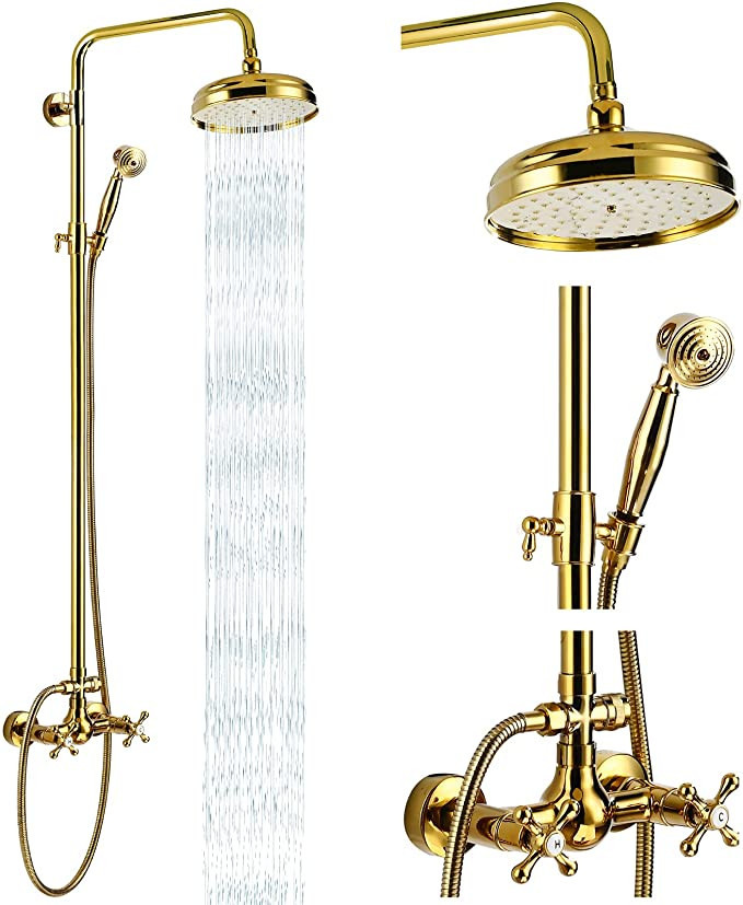 Bathroom Shower Faucet Set Gold Polish 8 Inch Head Rainfall Shower Fixture 2 Functions Handheld S... | Amazon (US)