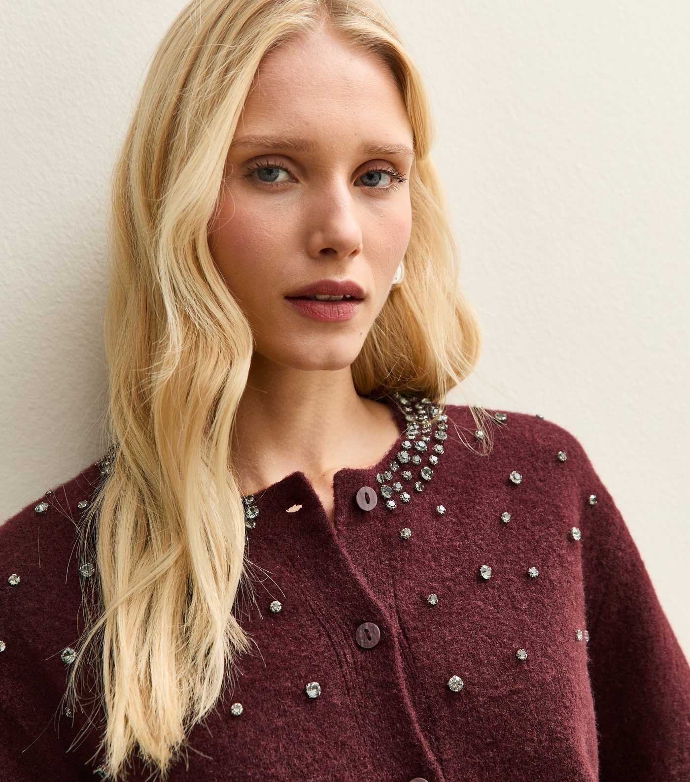 Dark Burgundy Diamanté Embellished Cardigan | New Look | New Look (UK)