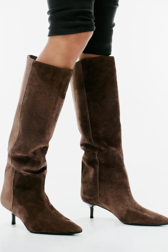 Zara - Suede Kitten Heel Boots - Brown - 9 - Woman | Zara US