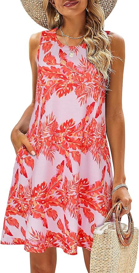 SimpleFun Summer Dresses for Women Beach Floral Tshirt Sundress Casual Pockets Boho Tank Dress | Amazon (US)