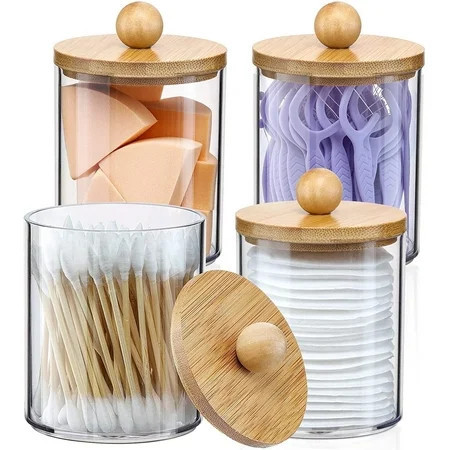 HBlife 4 Pack Qtip Holder Dispenser with Bamboo Lids - Clear Plastic Apothecary Jar for Makeup Storage - Bathroom Set | Walmart (US)