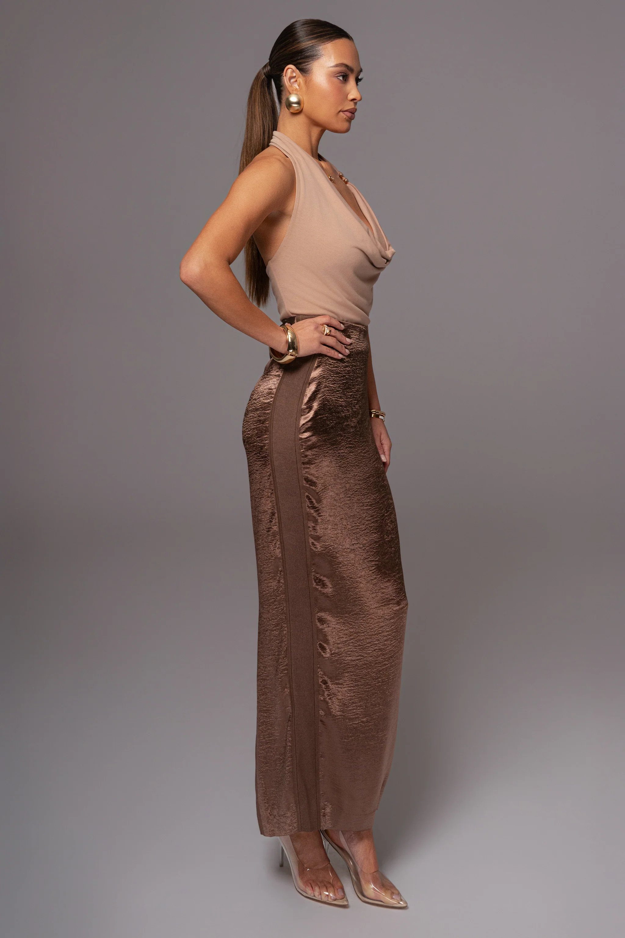 Chocolate Nora Satin Maxi Skirt | JLUXLABEL