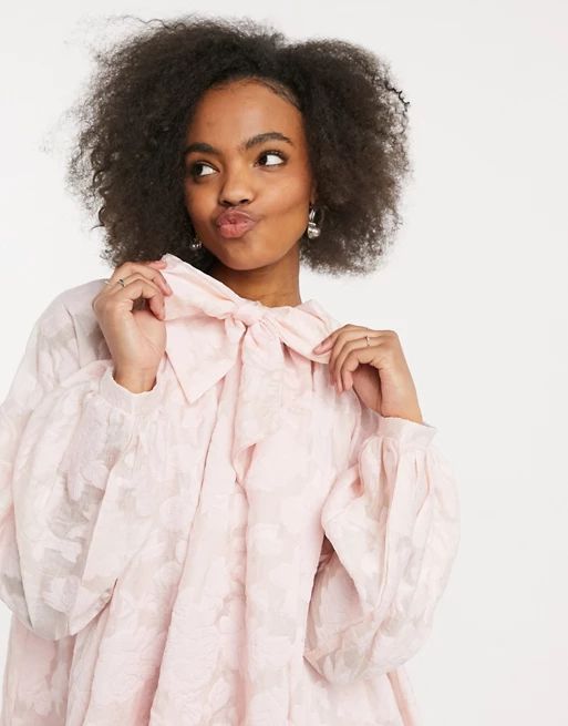 Sister Jane midi smock dress with pussybow in rose jacquard | ASOS (Global)