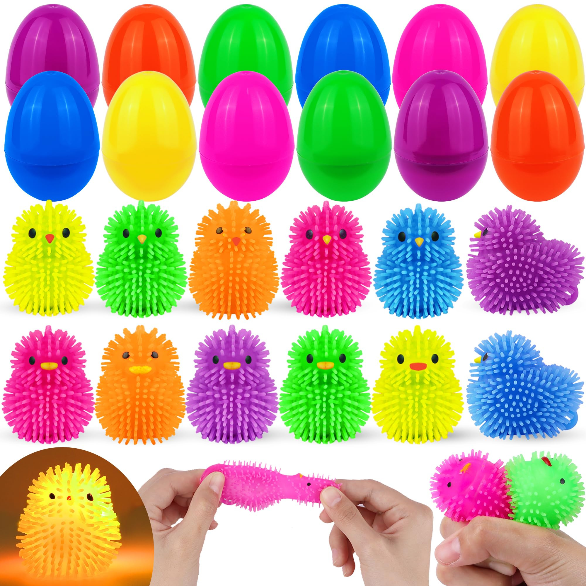 12 Pack Easter Eggs Filled LED Chick Duck Puffer Balls Easter Egg Fillers Toys, Light Up Stress R... | Amazon (US)