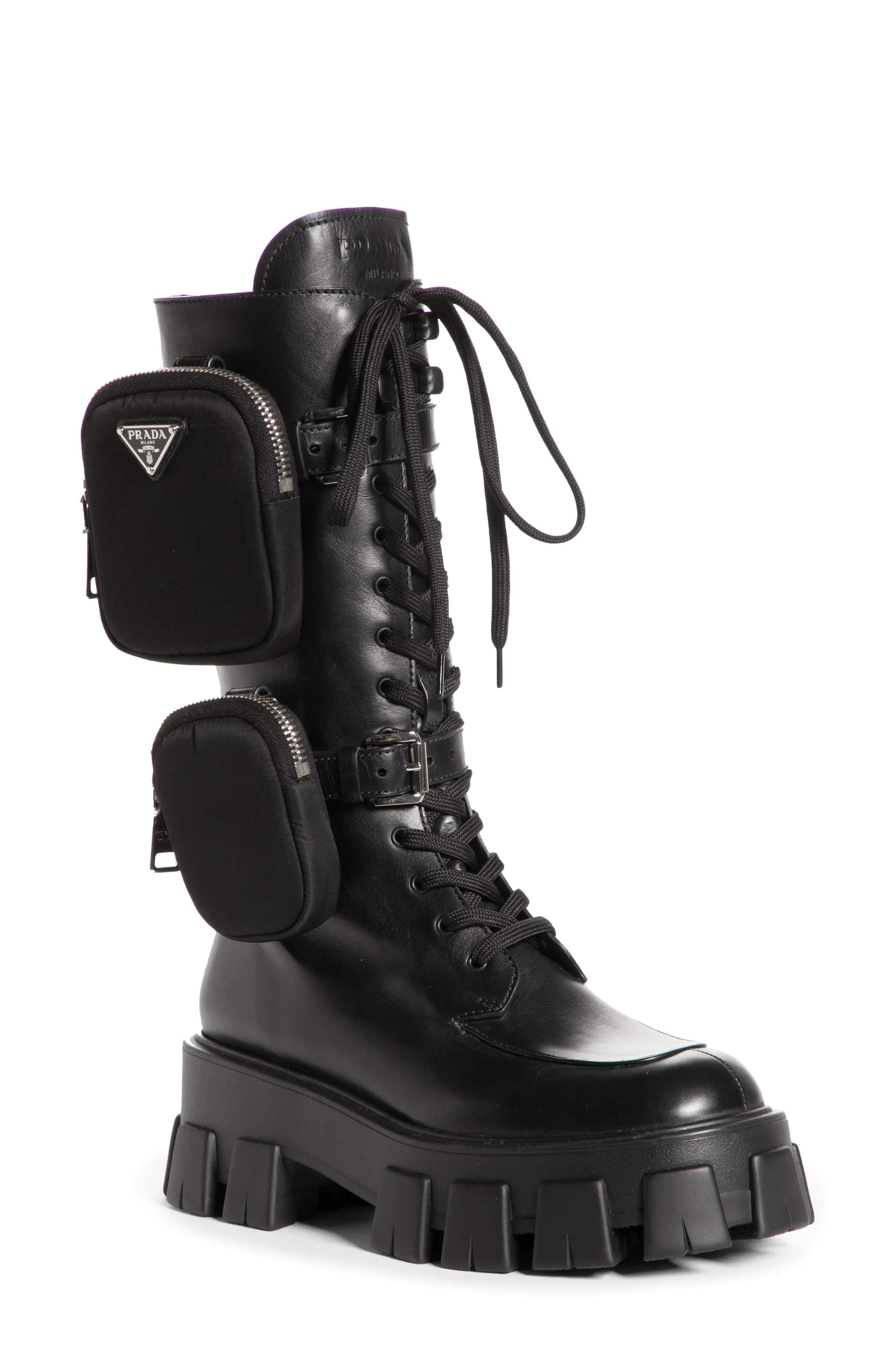 Prada Removable Pouch Combat Boot, Size 10.5Us in Black at Nordstrom | Nordstrom