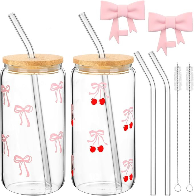 Skylety Set of 2 Coquette Bow Glass Cup 16oz Pink Bow Glass Cup with Lids and Straws Reusable Pin... | Amazon (US)