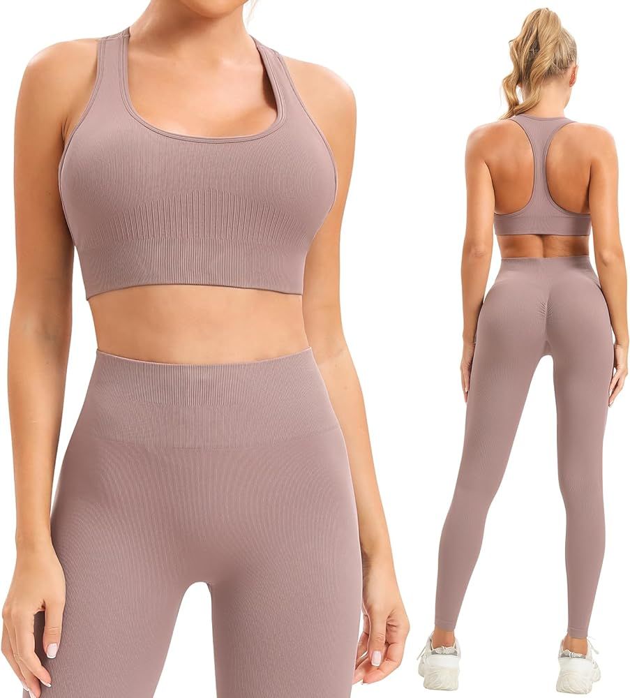 SPICE UNION 2 Piece Women's Workout Sets Ribbed Seamless Gym Yoga Outfits Biker Active Tracksuit | Amazon (US)