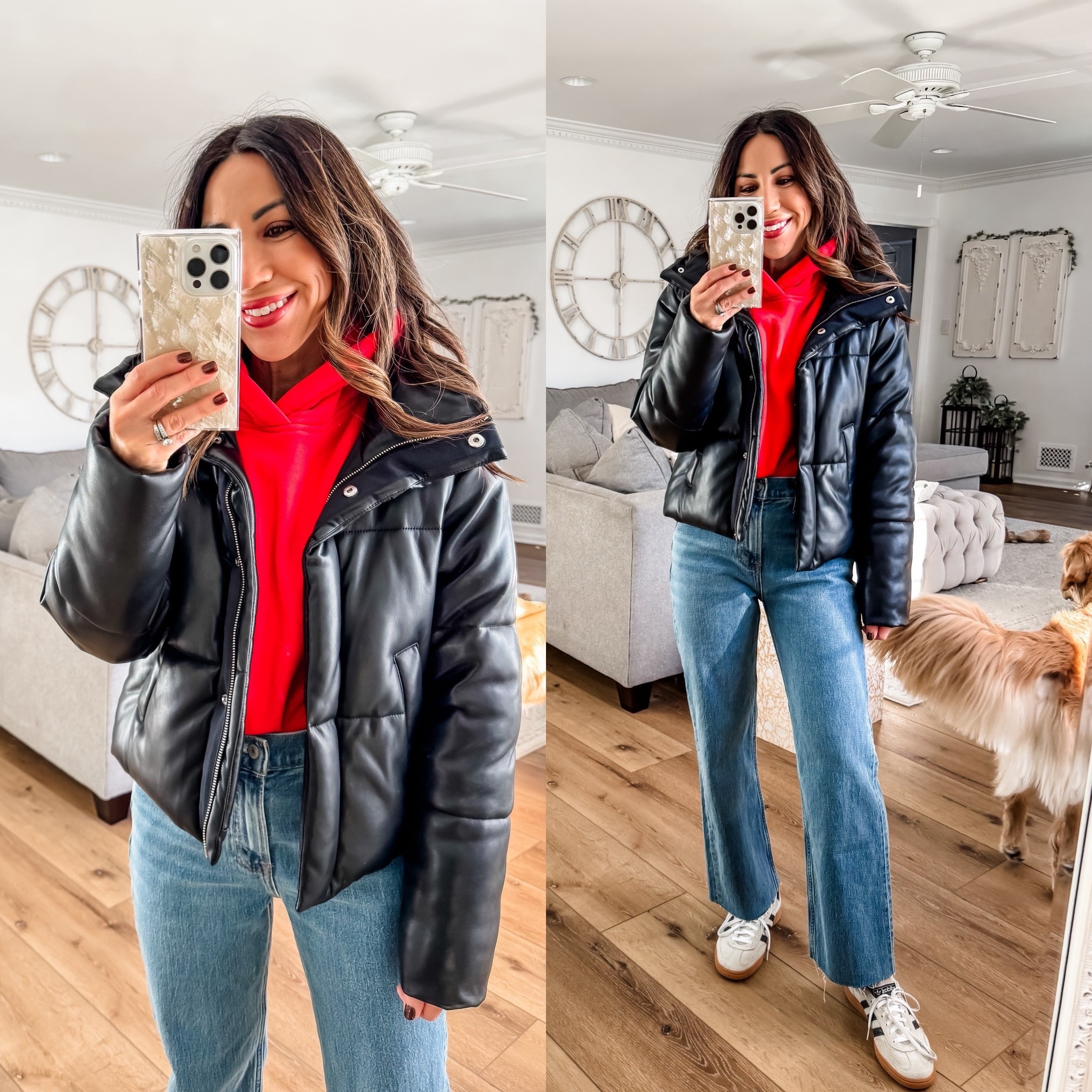 Code CYBERAF. Small vegan puffer coat, small red hoodie, 25 short jeans. I cut them. Faux leather coat.

#LTKOver40 #LTKCyberWeek #LTKSaleAlert