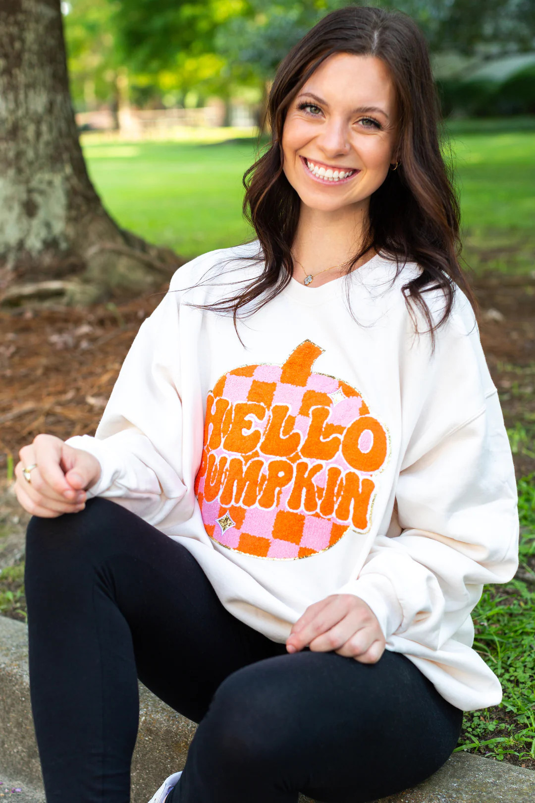 'Hello Pumpkin' Letter Patch Crewneck Sweatshirt | United Monograms