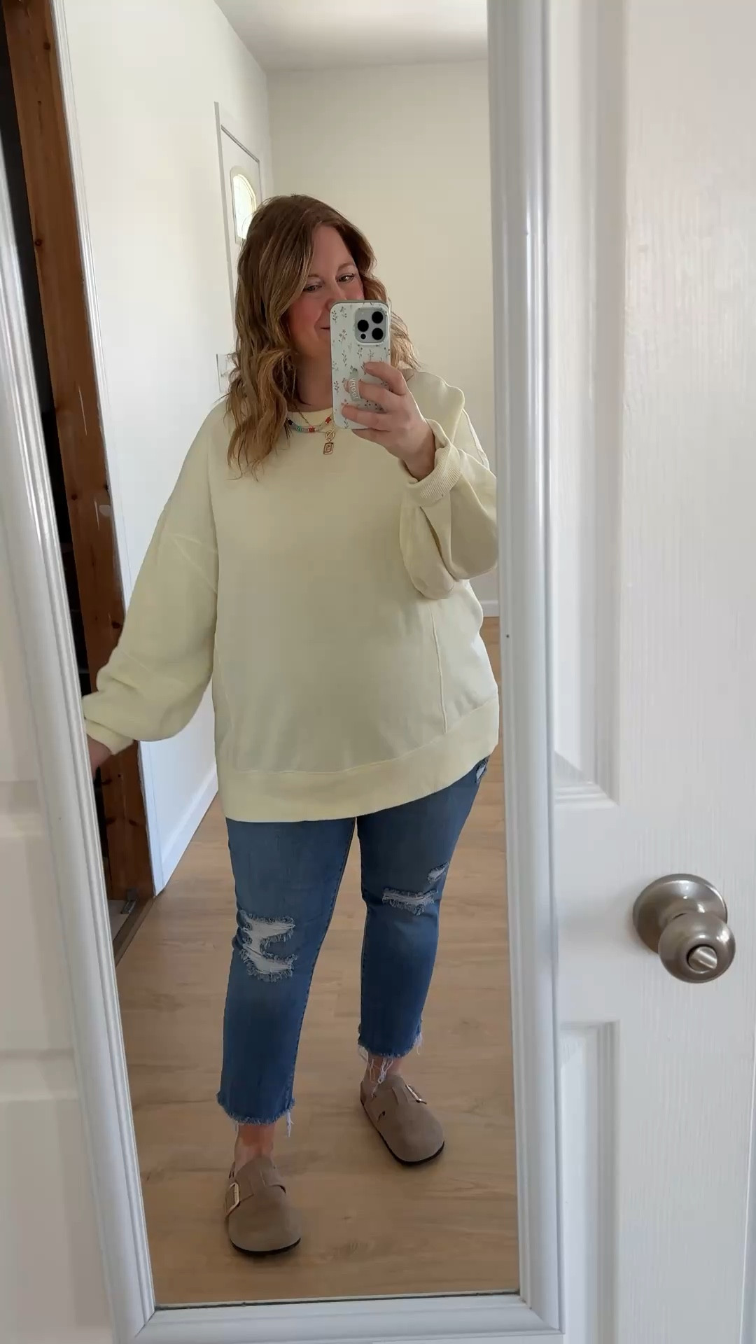 Comfy outfit! Wearing a large in my aerie sweatshirt. My maternity jeans are older  

#LTKMidsize #LTKBump #LTKSeasonal