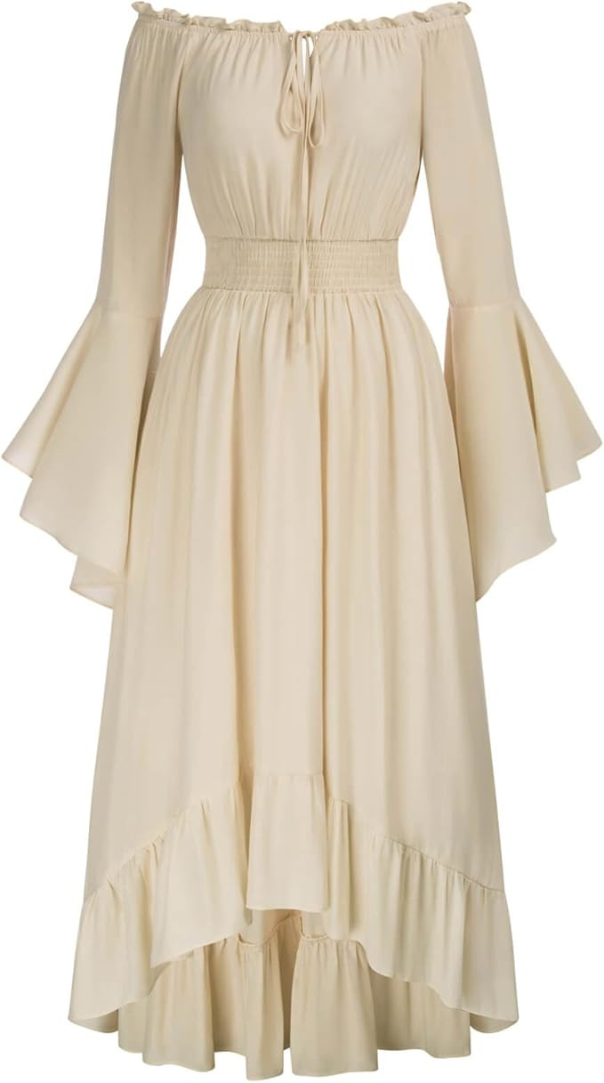 Scarlet Darkness Renaissance Faire Costume Women Off Shoulder Long Bell Sleeve High Low Dress | Amazon (US)