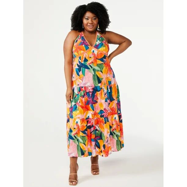 Sofia Jeans by Sofia Vergara Women's Plus Size Plunge Halter Neck Maxi Dress | Walmart (US)