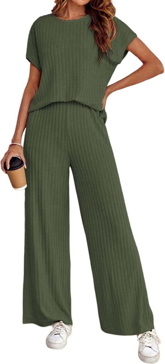 LTSCNRM Womens 2two Piece Outfits Crochet Sets Casual Knit Sweater Crewneck Short Sleeve Tops Wid... | Amazon (US)
