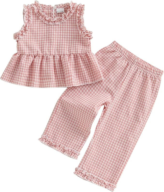 GOOCHEER Toddler Girl Clothes Baby Summer Outfits Plaid Ruffle Sleeveless Vest Tank Tops Pants Se... | Amazon (US)