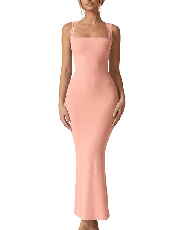 QINSEN Women's Square Neck with Lace Detail Long Maxi Dress Sleeveless Lounge Ribbed Full Length ... | Amazon (US)
