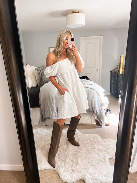 White dress 
Fall outfit 
Knee high boots 
Family photo outfit idea 

#LTKstyletip #LTKSeasonal #LTKover40