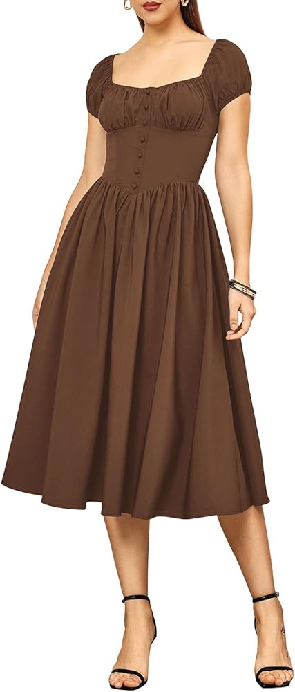 Women’s 2024 Summer Boho Square Neck Corset Midi Dress Casual Flowy Swing A line Ruffle Dresses | Amazon (US)