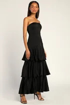 Blissfully Beautiful Black Satin Strapless Tiered Maxi Dress | Lulus (US)
