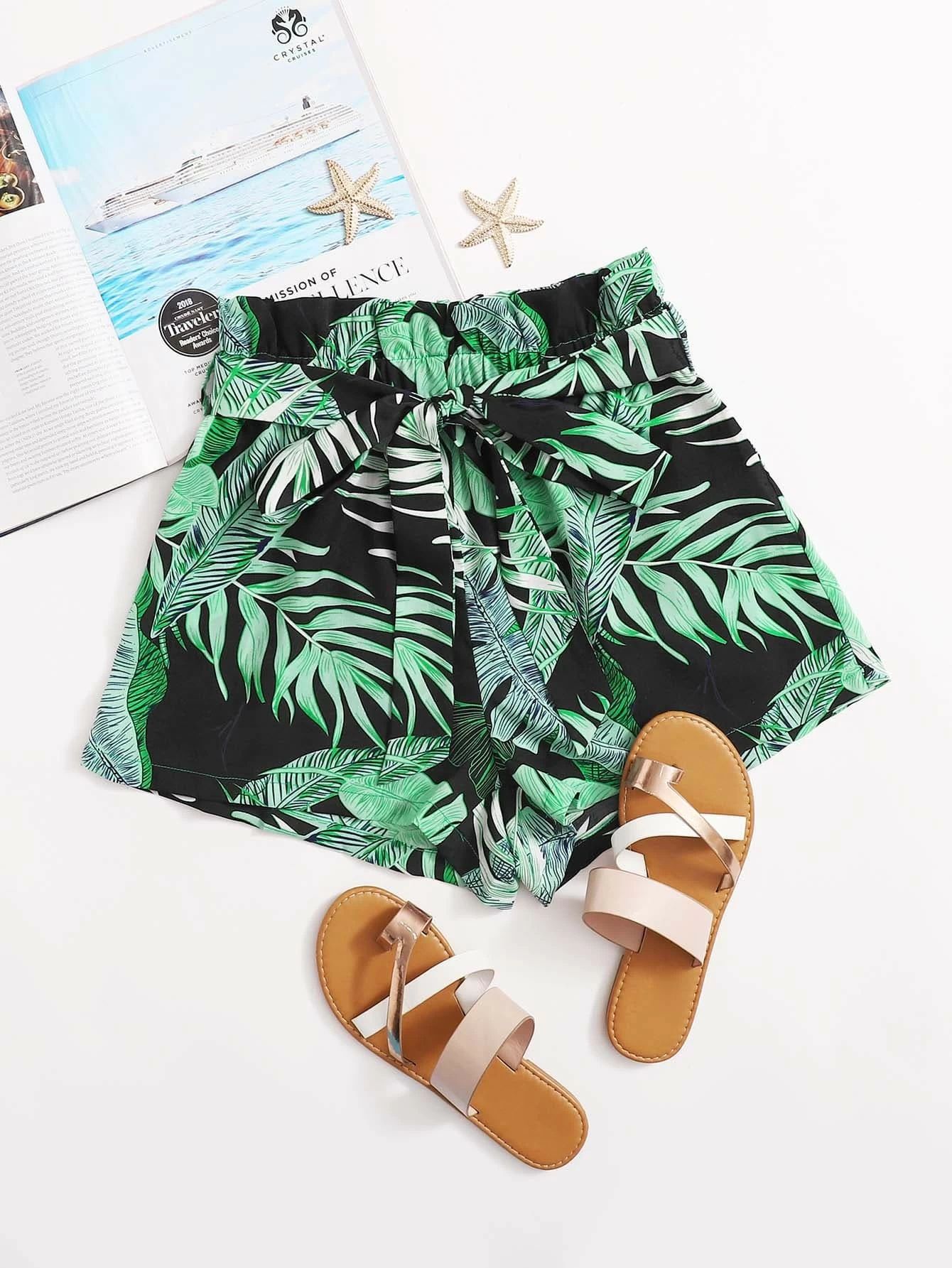 SHEIN Paperbag Waist Tropical Print Shorts | SHEIN