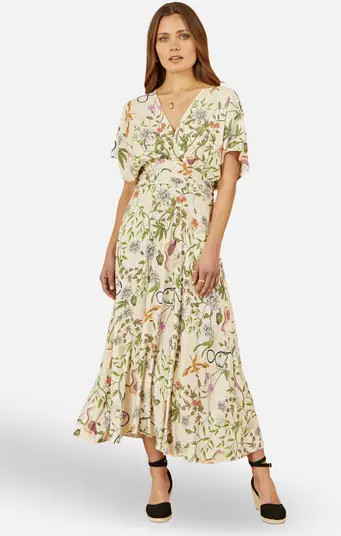 Yumi Floral Print Ruched Waist Midi Dress | Nordstrom | Nordstrom