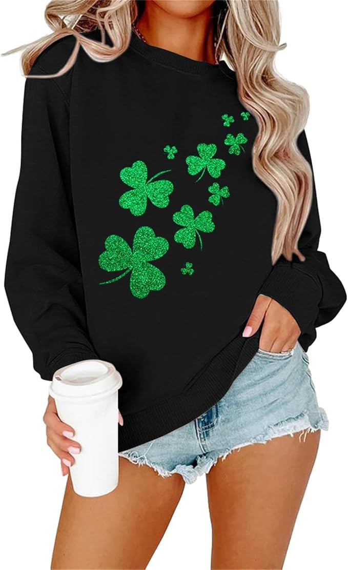 JINTING St Patricks Day Sweatshirt for Women Glitter Shamrock Irish Shirt Clover Print Long Sleev... | Amazon (US)