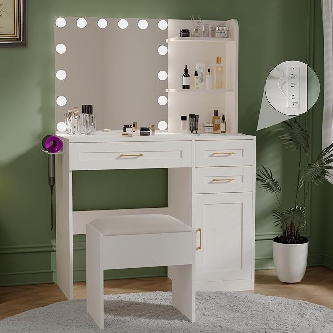 Vanity Desk with Mirror and Lights, Makeup Vanity Set with Power Outlet & 3 Drawers, 3 Colors Lig... | Amazon (US)