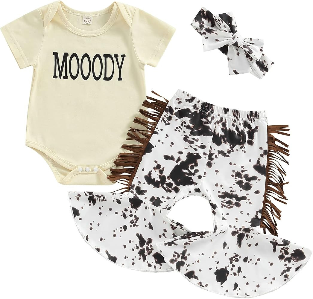 Rtnnsbbfcm Newborn Baby Girl Summer Clothes Short Sleeve Letter Romper Tassel Cow Bell Bottom Pan... | Amazon (US)