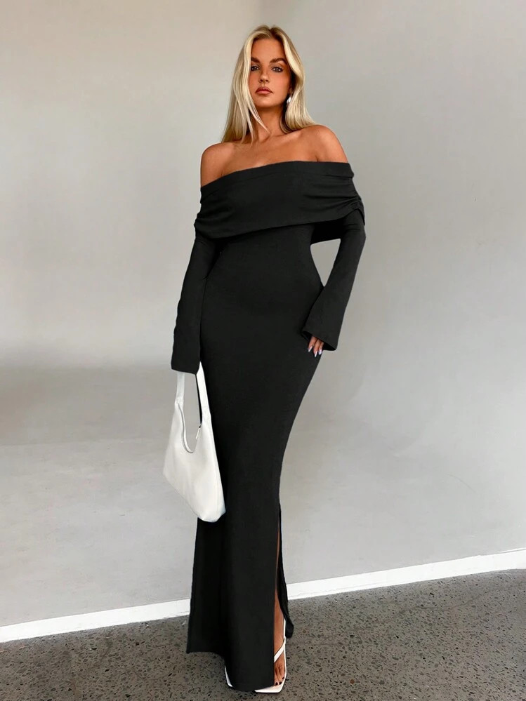 Aloruh Women's Autumn/Winter New Elegant Ruched Off-Shoulder Flare Sleeve Slim Fit Maxi Casual/Wo... | SHEIN