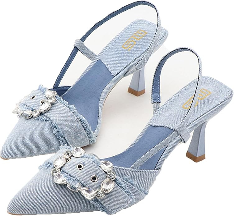 Amazon.com | Women's Rhinestones Pointed Toe Denim Kitten Heels Fashion Slip On Slingback Low Hee... | Amazon (US)